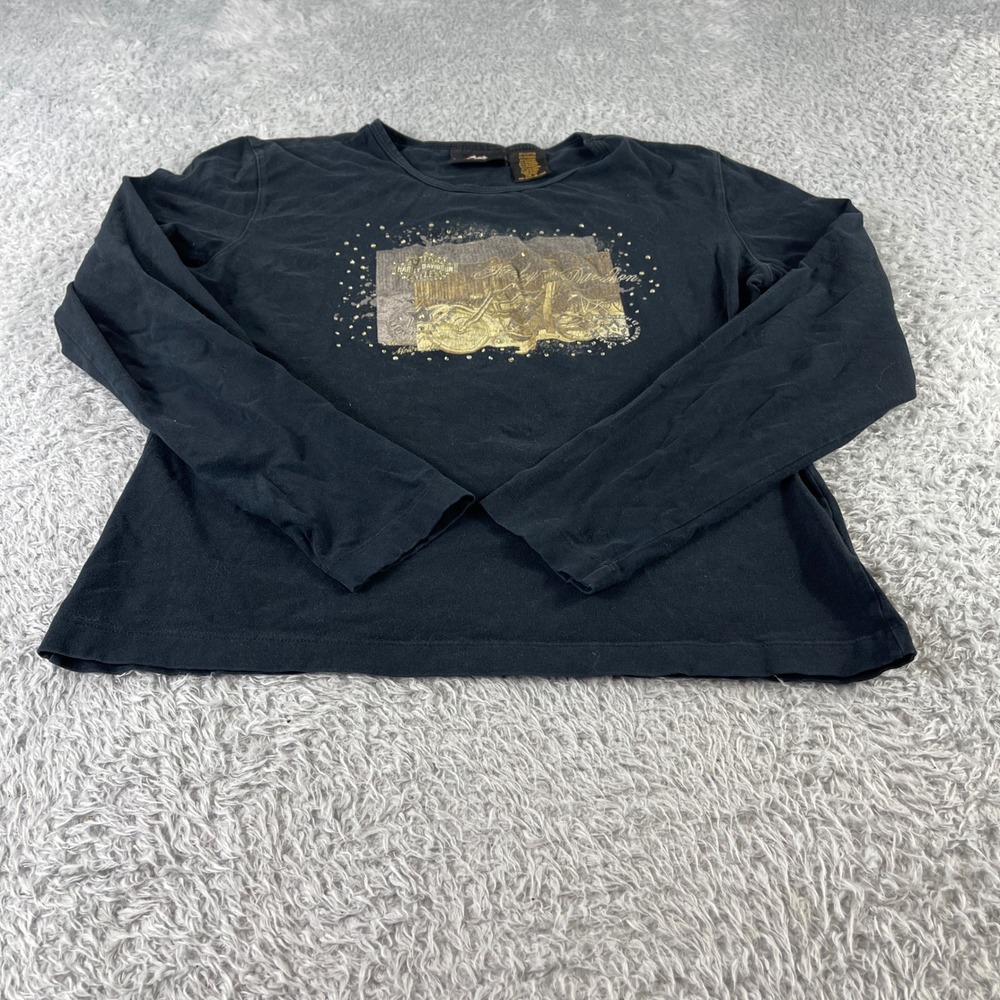 Harley Davidson Women Long Sleeve Graphic Tee Bling Rhinestone Motorcycle Size L